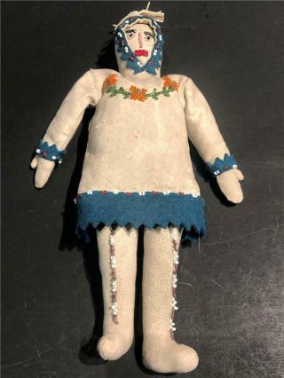 Vintage Inuit Buck Skin Beaded Doll - 10 " - 25 Cm
