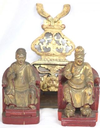Antique Chinese Carved Wooden Burial Temple Figures With Stand Gilded