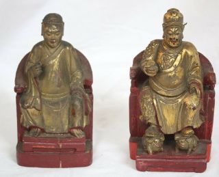 Antique Chinese Carved Wooden Burial Temple Figures with Stand Gilded 2
