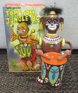 Vintage Marx Mechanical Wind - Up Tom Tom Jungle Boy Toy W/orig Box