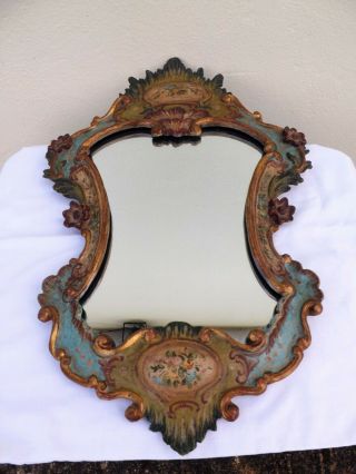 Antique Italian Carved Giltwood & Painted Rococo Mirror Stunning
