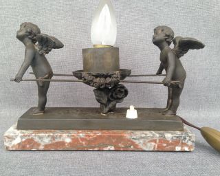 Antique Art - Deco lamp sculpture France 1930 ' s angels regule on marble 2