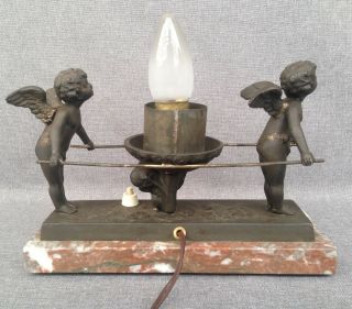 Antique Art - Deco lamp sculpture France 1930 ' s angels regule on marble 3