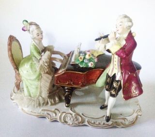 Antique Vtg German Alka Dresden Victorian Piano Lady Lace Porcelain Figurine