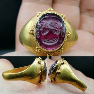 High Carat Gold Lovely Ring Ancient Roman Garnet King Seal Stone 32