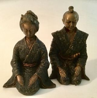 Great Antique Japanese Bronze Statues Man & Woman 11” Tall