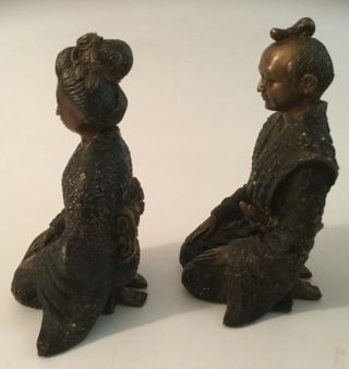 GREAT ANTIQUE JAPANESE BRONZE STATUES MAN & WOMAN 11” tall 3