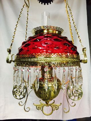 Bradley & Hubbard (b&h) Victorian Hanging Lamp; Cranberry " Bulls - Eye " Shade