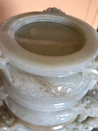 LARGE OLD CHINESE CARVED CELADON JADE TRI - POD CENSER AND COVER 16 