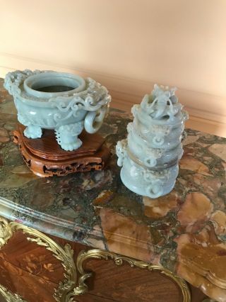 LARGE OLD CHINESE CARVED CELADON JADE TRI - POD CENSER AND COVER 16 