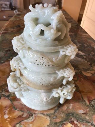 LARGE OLD CHINESE CARVED CELADON JADE TRI - POD CENSER AND COVER 16 