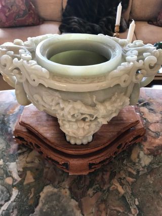 LARGE OLD CHINESE CARVED CELADON JADE TRI - POD CENSER AND COVER 16 