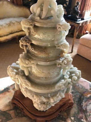 LARGE OLD CHINESE CARVED CELADON JADE TRI - POD CENSER AND COVER 16 