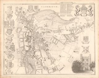 1840 Antique Map - City Plan - Cambridge,  With Arms Of The Colleges,  Thomas Moule