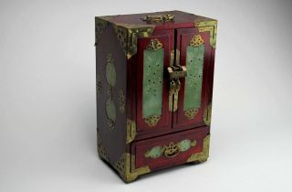 Large 12 " Antique Vintage Chinese Wood Jewelry Box With Hand Carved Jade Accents