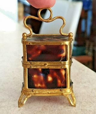 Antique Miniature 19thc Faux Tortoise Shell Gilt Metal Perfume Bottle Box Caddy
