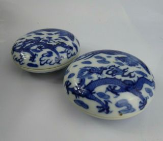 Chinese Antique Pair Porcelain Seal Paste Boxes Dragon & Phoenix Blue White Qing