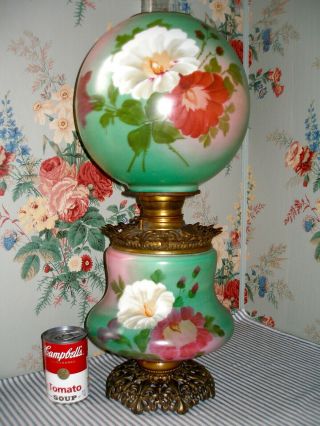 C.  1900 Consolidated Colorful Floral Gwtw Parlor Banquet Lamp,  Victorian Antique