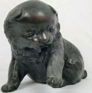 Antique Meiji Japanese Bronze Signed Cat Kitten Puppy Sculpture Heavy 2