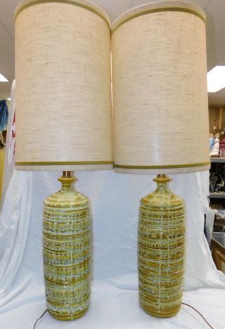 Large Pair Mid Century Modern 1960s Table Lamps Green Taupe Drip Glaze Ceramic
