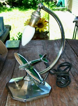 CHROME ART DECO WW11 SPITFIRE AIRPLANE TABLE LAMP 11.  25 