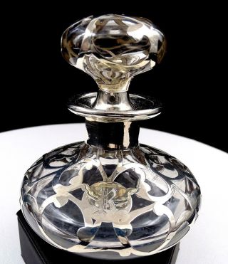 Art Nouveau Sterling Silver Overlay Scroll Work 4 1/8 " Perfume Bottle & Stopper