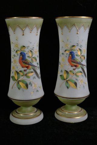 Pair Antique Victorian Hand Painted Bunting Bird Bristol Vases Pontil Mark