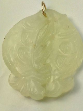 Vintage China White Jade & 14K Gold Koi Fish Pendant Destiny Hand Carved 3