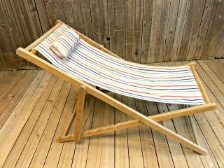 Vintage Folding Wood Beach Chair Wooden Canvas Patio Pool Rustic Steamship 50s