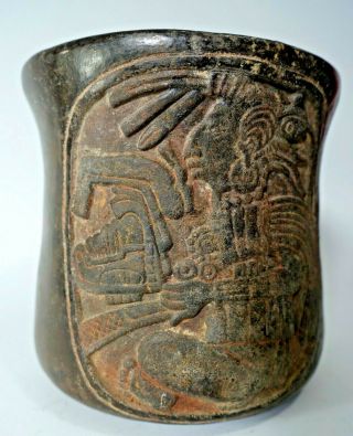 Repro Pre - Columbian Maya Mayan Blackware Pottery Incised God Cylinder Vase