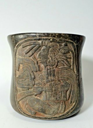 REPRO Pre - Columbian Maya Mayan Blackware Pottery Incised God Cylinder Vase 2