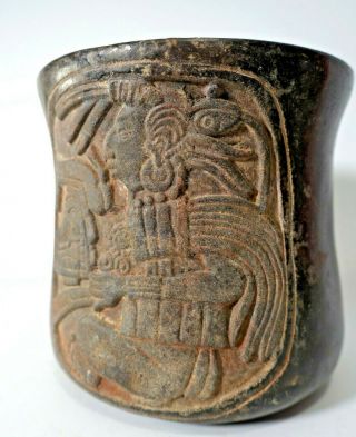 REPRO Pre - Columbian Maya Mayan Blackware Pottery Incised God Cylinder Vase 3