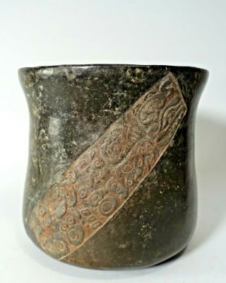 REPRO Pre - Columbian Maya Mayan Blackware Pottery Incised God Cylinder Vase 4