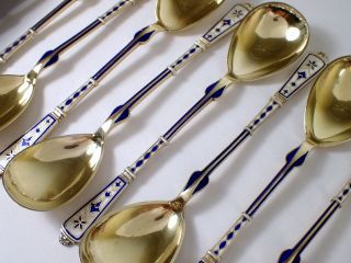 Antique Peter Hertz Denmark Blue & White Enamel Sterling Spoon Tongs Ladle Set 10