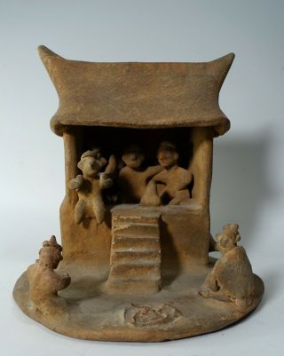 Repro Pre - Columbian Nayarit Miniature Pottery Maquette House & Figure Diorama