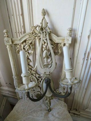 GORGEOUS PAIR Old Vintage SCONCES Cream & Gold Frames Dripping Crystals FRENCH 12