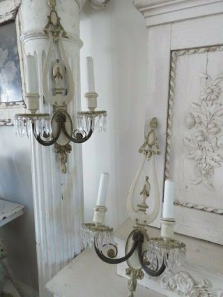 Gorgeous Pair Old Vintage Sconces Cream & Gold Frames Dripping Crystals French