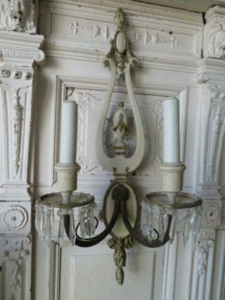 GORGEOUS PAIR Old Vintage SCONCES Cream & Gold Frames Dripping Crystals FRENCH 2