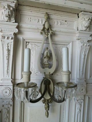 GORGEOUS PAIR Old Vintage SCONCES Cream & Gold Frames Dripping Crystals FRENCH 3