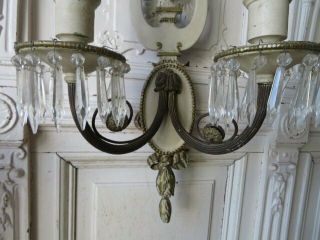 GORGEOUS PAIR Old Vintage SCONCES Cream & Gold Frames Dripping Crystals FRENCH 4