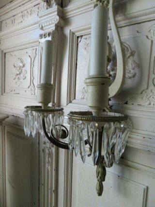 GORGEOUS PAIR Old Vintage SCONCES Cream & Gold Frames Dripping Crystals FRENCH 8