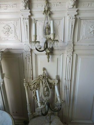 GORGEOUS PAIR Old Vintage SCONCES Cream & Gold Frames Dripping Crystals FRENCH 9