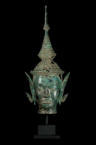 Antique Thai Style Bronze Rattanakosin Buddha Head Statue - 75cm/29.  5 "