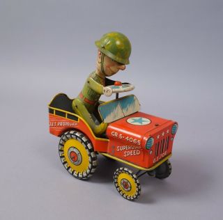 Vintage 1940s Unique Art Gi Joe Tin Litho Jouncing Jeep Wind - Up Toy