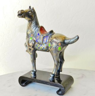 Vintage Chinese Gilt Sterling Silver Cloisonne Horse Figurine Export Enamel