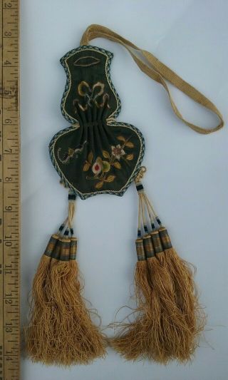 Antique Chinese Embroidered Silk Scent Pouch Purse Bag Gourd Shape Bats