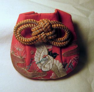 Antique Japanese Or Chinese Embroidered Crane Silk Kimono Pouch Ojime 3 Day Nr