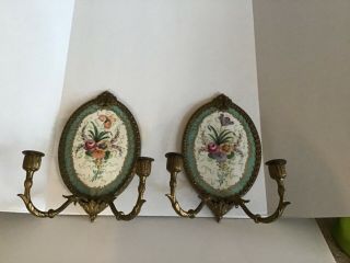 Pair Antique Or Vintage Porcelain On Bronze Mount Sconces