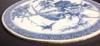 RARE Antique Chinese round blue & white porcelain plaque of bird MARK 8