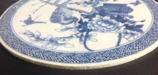 RARE Antique Chinese round blue & white porcelain plaque of bird MARK 9